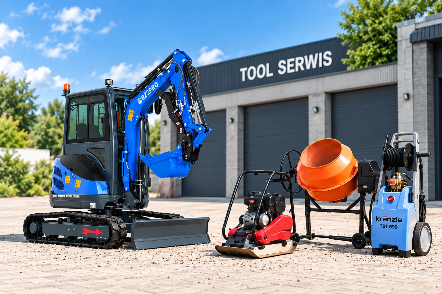 Minikoparka RIPPA R22PRO i myjka Kranzle TST 599 przed budynkiem Tool Serwis